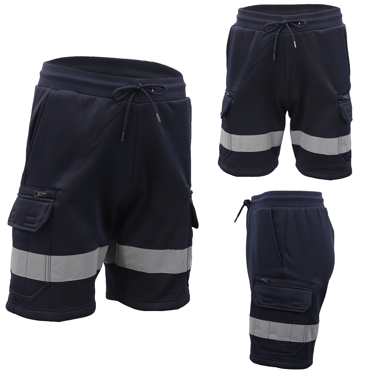 Hi Vis Fleece Work Cargo Shorts w Reflective Tape Workwear Tradie Utility Pants, Navy, S