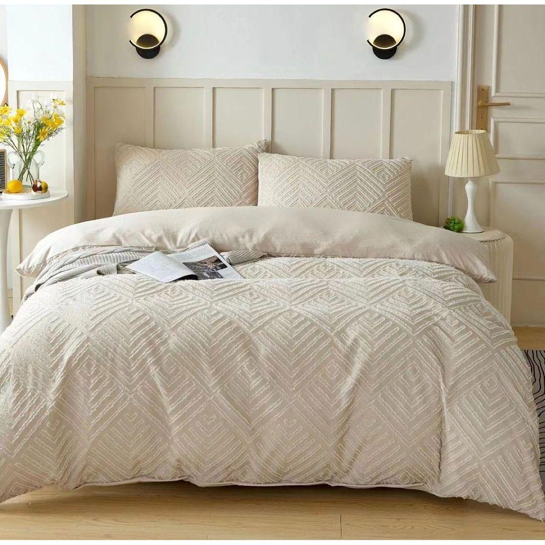 Tufted Textured Jacquard Quilt Cover Set- Beige - Queen Size