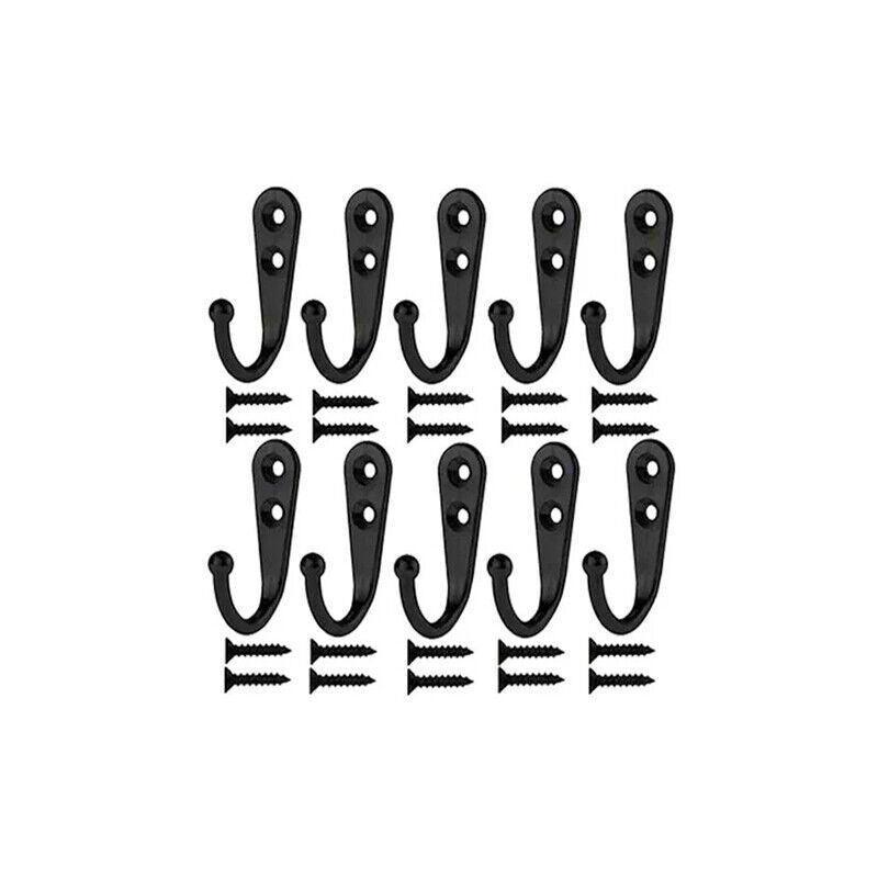 10Pcs Wall Hooks Heavy Duty Coat Hat Robe Hanger Double Hole Zinc Alloy Vintage - Silver