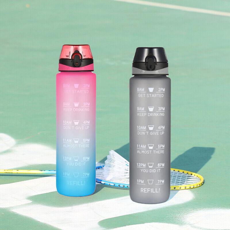 1L Water Bottle Motivational Drink Flask With Time Markings Bpa Free Sport Gym - Blue+Pink