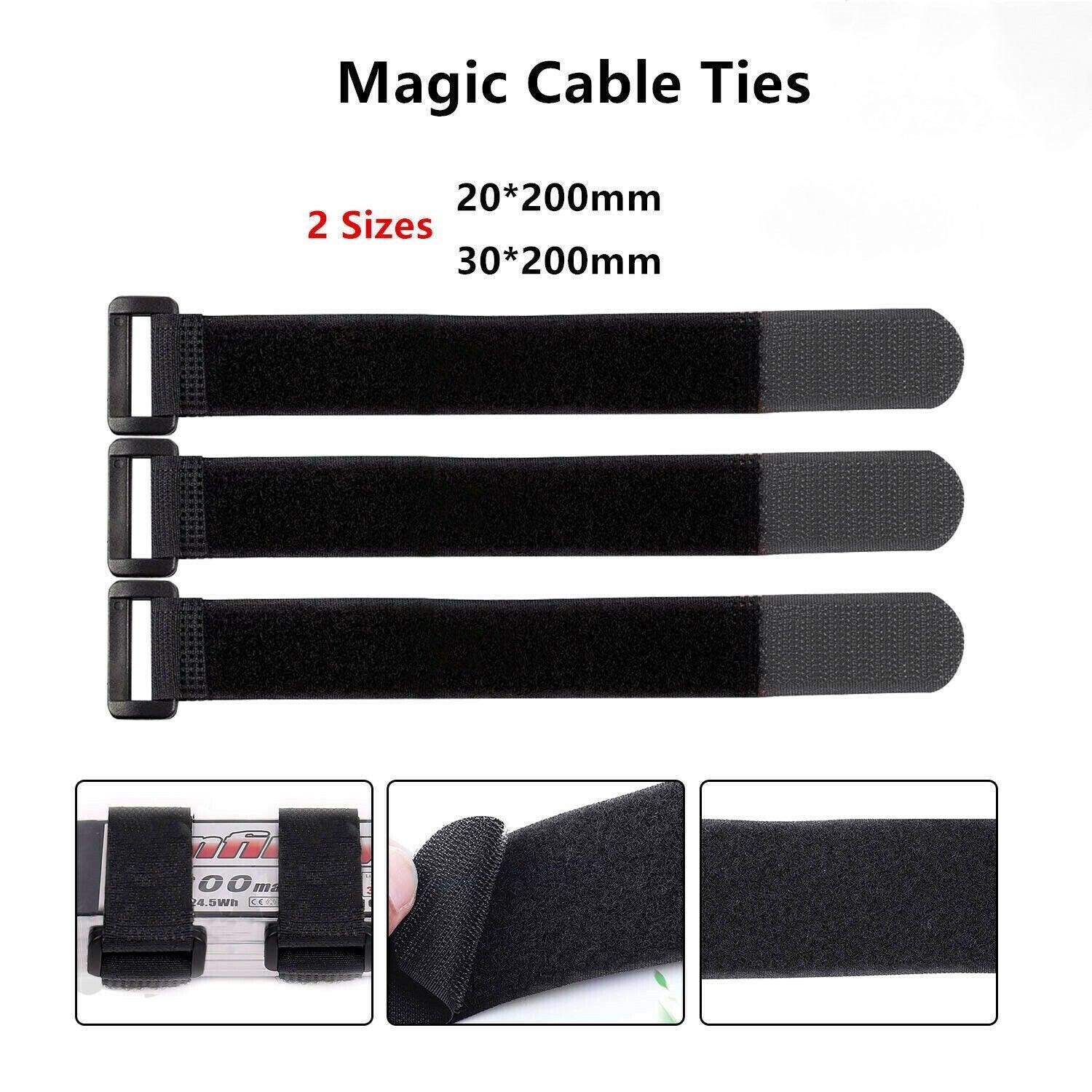 Magic Cable Ties Reusable Winder Coded Organiser Cords Hook Loop Black - 20*300mm 20PCS