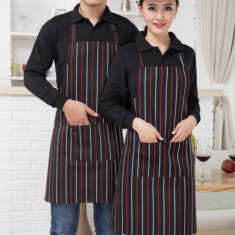 Apron with Pocket 2Pcs Chef Butcher Kitchen Cooking Baking Restaurant Wear - Coffee White Strip
