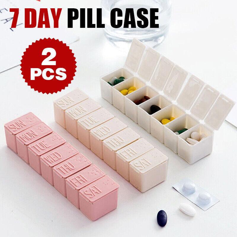2X 7 Day Weekly Pill Box Medicine Tablet Organizer Dispenser Container Case - Grey