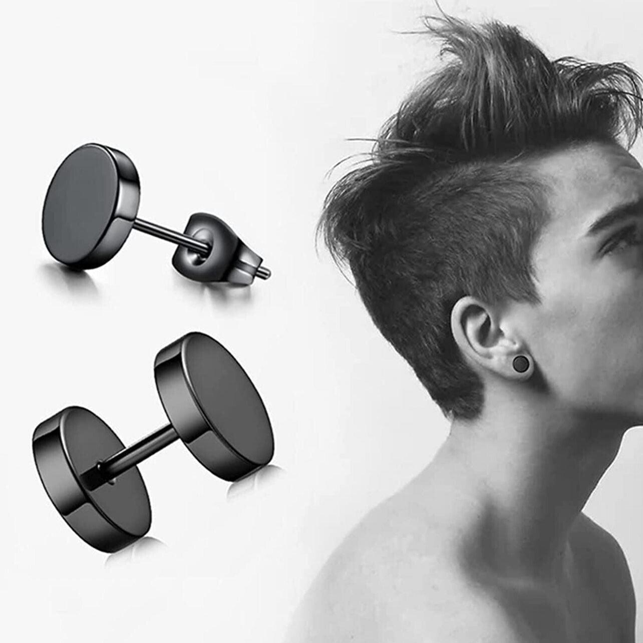 Pair Black Flat Round Barbell Plug Stud Earrings Stainless Steel Mens Gym 4-12Mm - 10mm