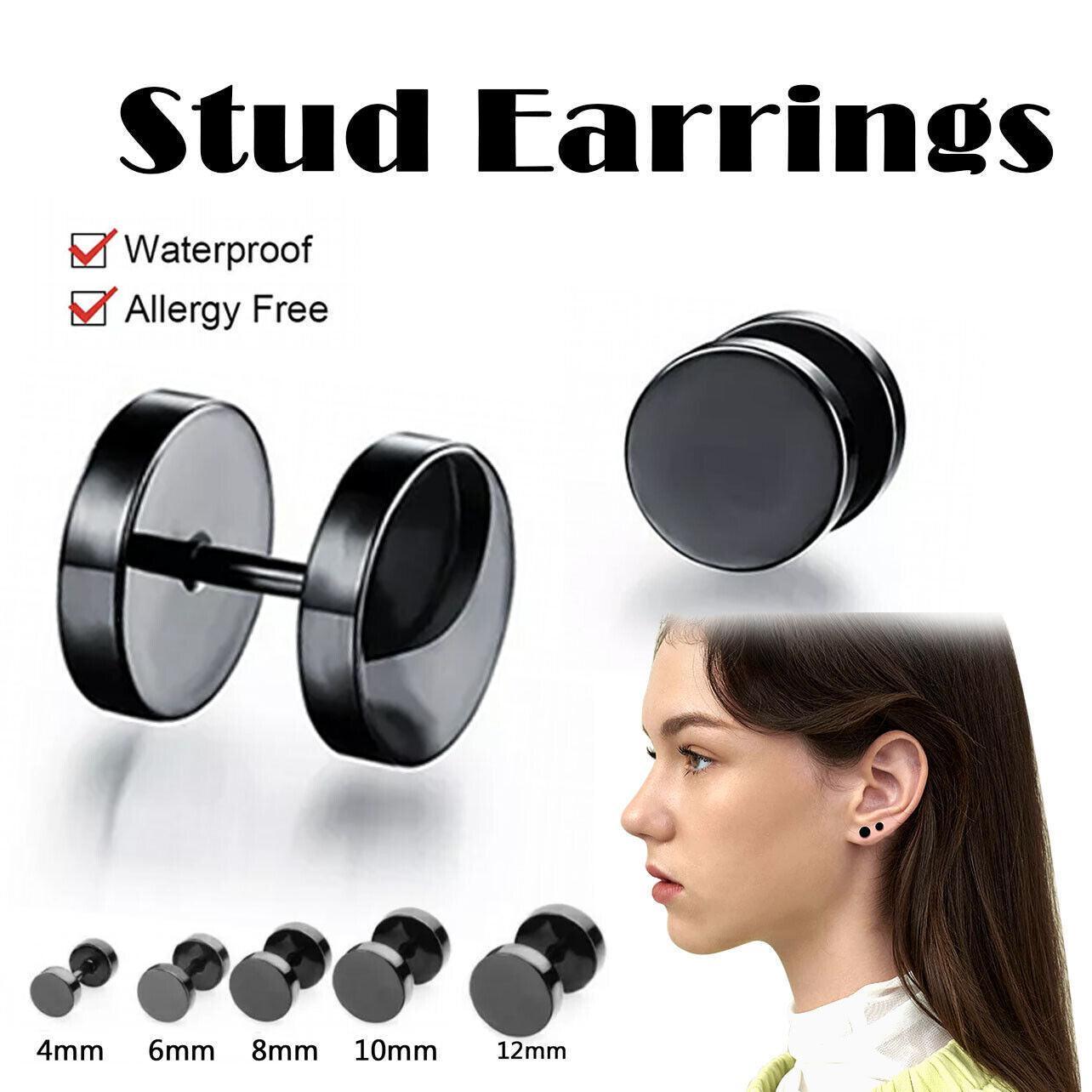 Pair Black Flat Round Barbell Plug Stud Earrings Stainless Steel Mens Gym 4-12Mm - 6mm