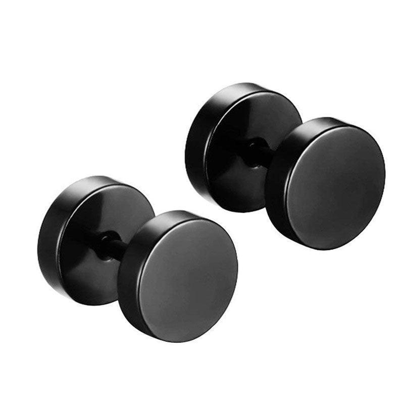 Pair Black Flat Round Barbell Plug Stud Earrings Stainless Steel Mens Gym 4-12Mm - 6mm