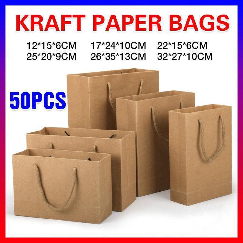 50X Kraft Paper Bags Gift Shopping Carry Craft Brown Bag With Handles - 50PCS 25*20*9CM