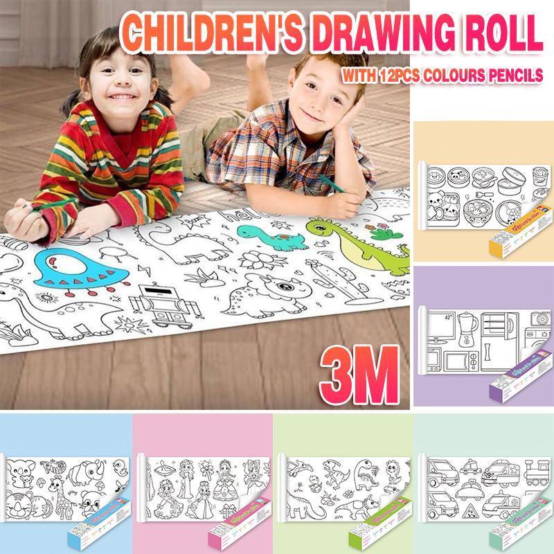 3M DIY Colouring Paper Roll with 12 Colour Pencils Cartoon Doodle Set - Daily necessities(With 12PCS Colored Pencils)