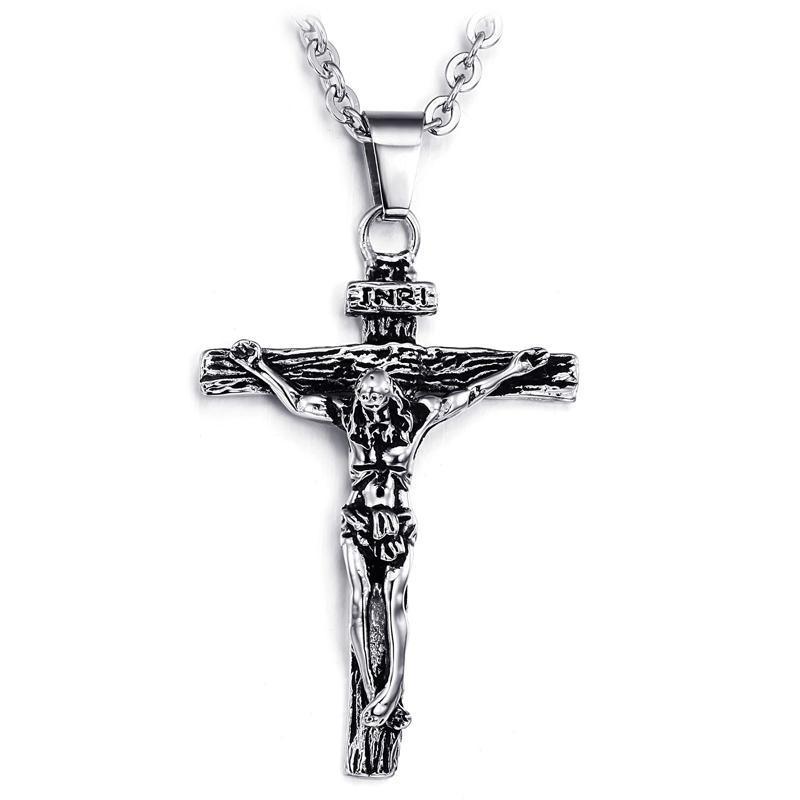 Men Stainless Steel Gold Silver Black Jesus Crucifix Pendant Chain Necklace Silver - only pendant