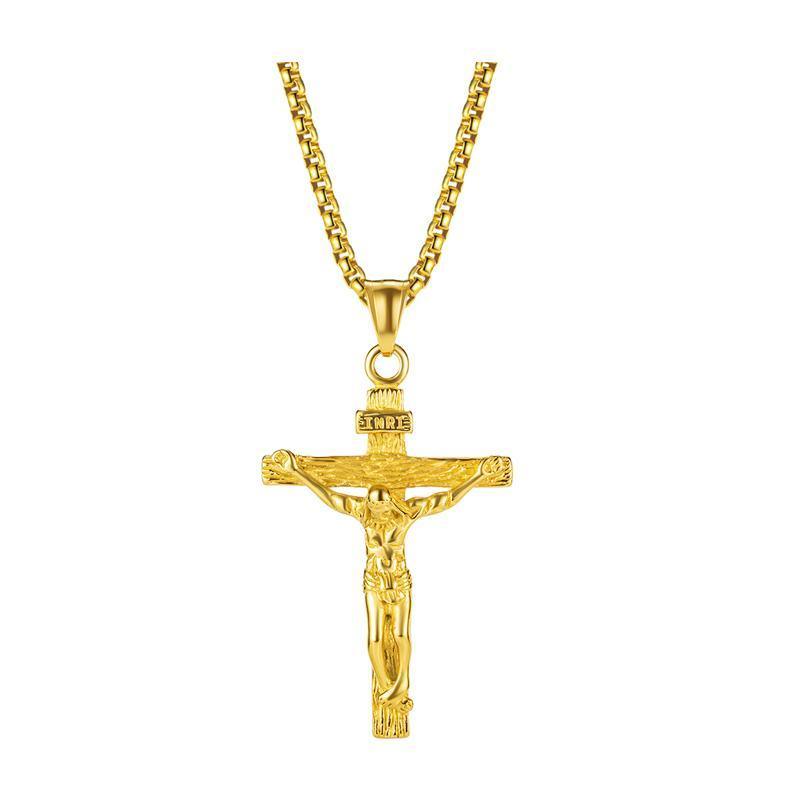 Men Stainless Steel Gold Silver Black Jesus Crucifix Pendant Chain Necklace Gold - only pendant