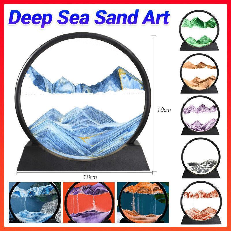 Moving Sand Art Picture Round Glass Quicksand Painting 3D Deep Sea Sandscape Au - Blue