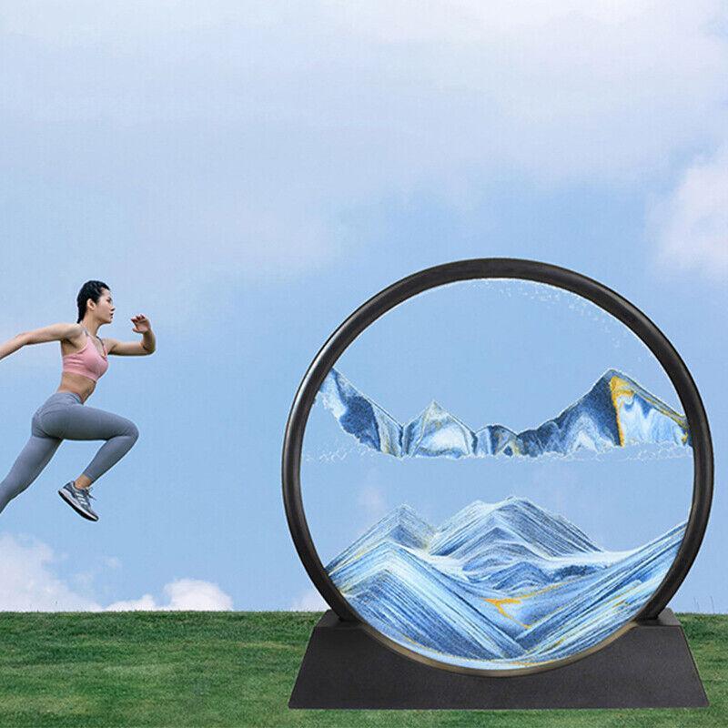 Moving Sand Art Picture Round Glass Quicksand Painting 3D Deep Sea Sandscape Au - Blue