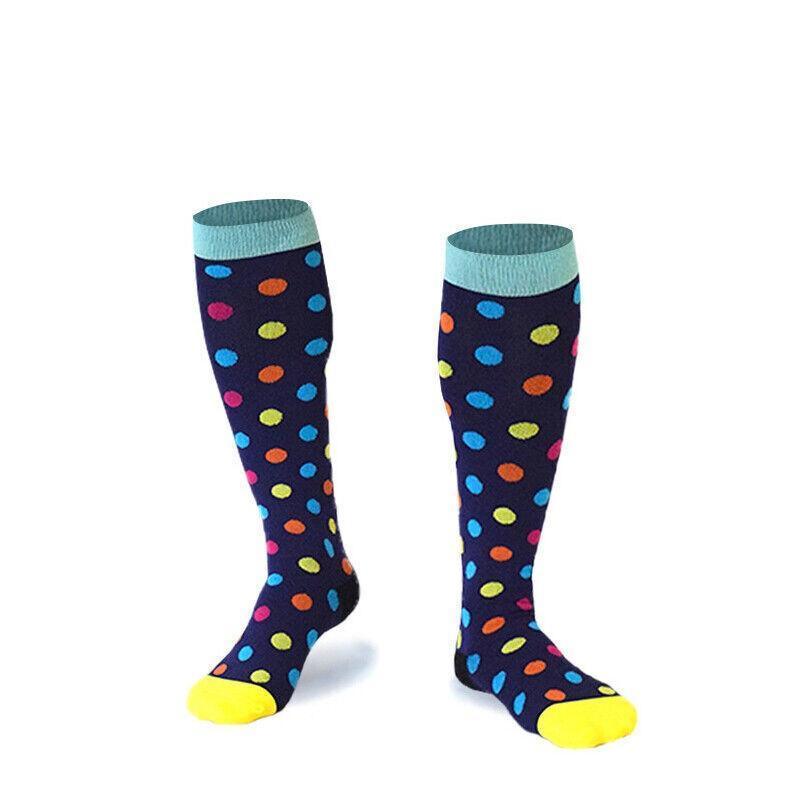 S/M Compression Socks Women Men Nursing Travel Stocking Sport Running - White Polka Dots