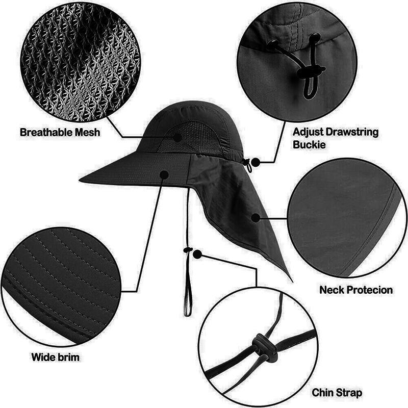 1x Neck Flap Cap Unisex Outdoor Sport Fishing Hat Sun Protection Wide Brim Cover - Khaki