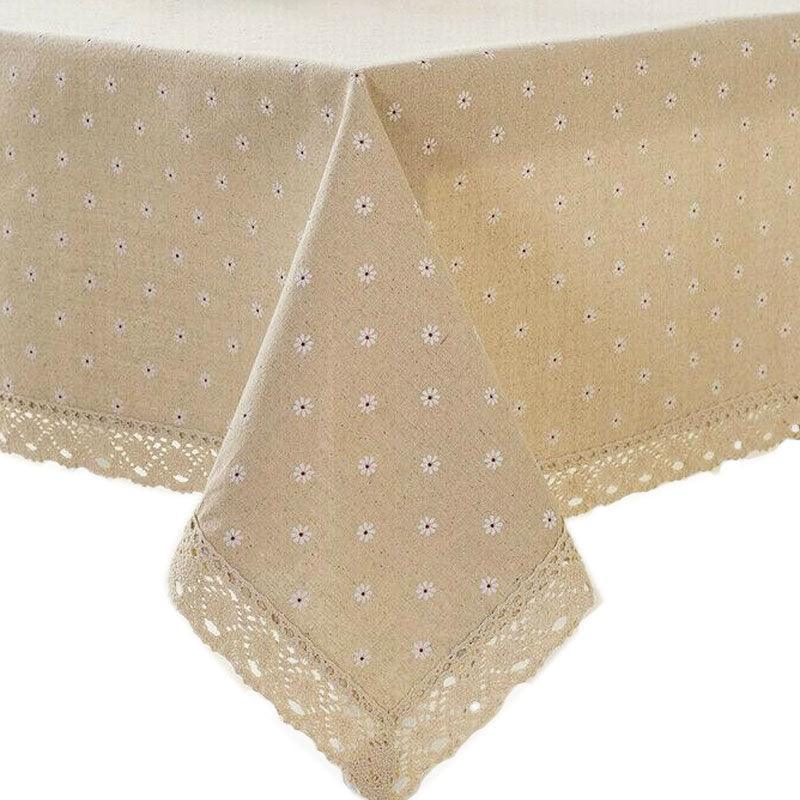 Floral Tablecloth with Lace Edge Cotton Linen Cover for Dining Table Square Rectangle - 140*140CM