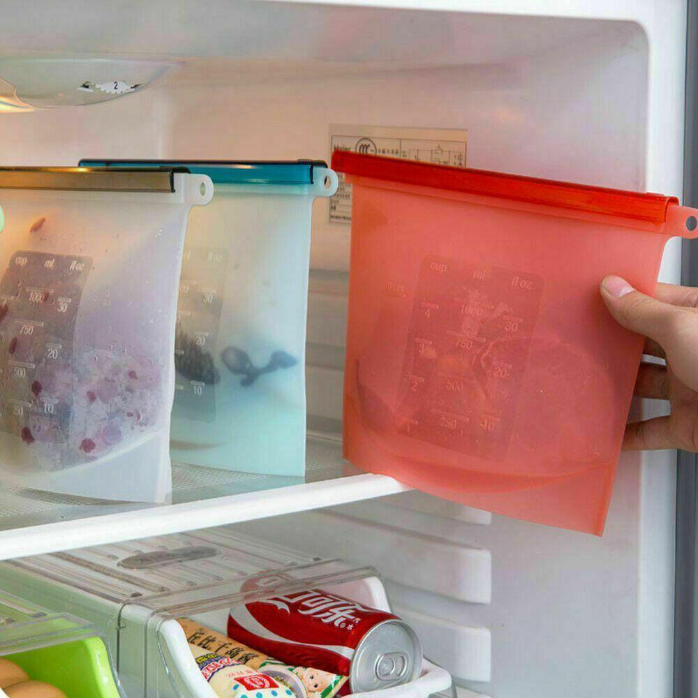 White Reusable Silicone Food Storage Bags Leak proof Microwave Freezer Freshness Safe 1000ml