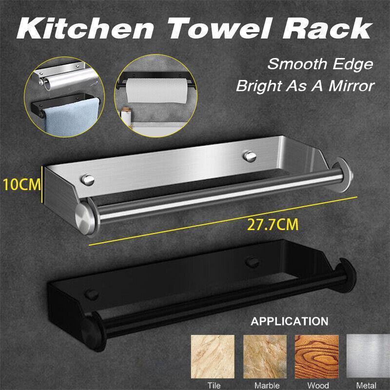 Paper Towel Holder Under Cabinet Wall Mount Stainless Steel Rack Kitchen - Black