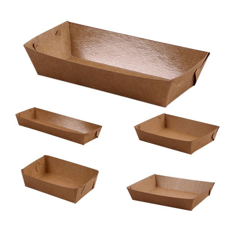 500PCS Kraft Cardboard Food Disposable Tray Brown Party Chips Takeaway Container - 3# 16*11*4cm