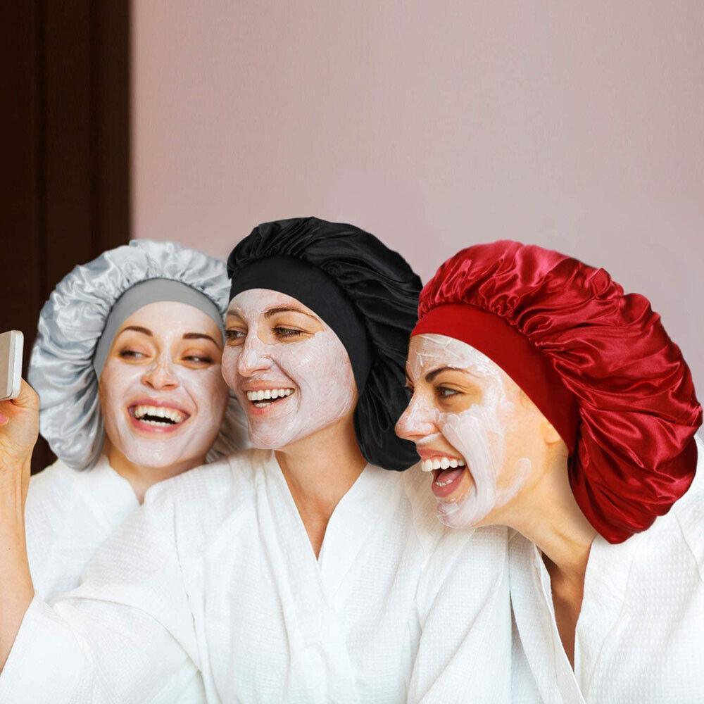 Sleeping Bonnet Hair Wrap Silk Satin Cap Women Elastic Night Soft Hat Headwear - Brown