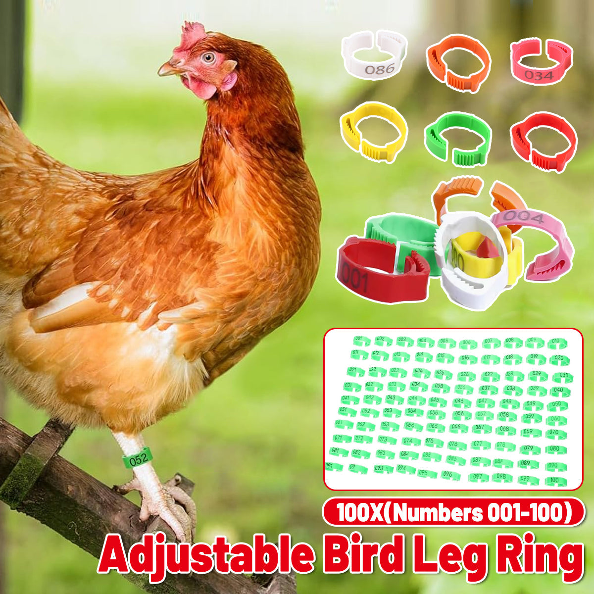 Chicken Duck Goose Leg Rings 100pcs Numbered Ankle Bands Bird ID Tags Farm Use - Green