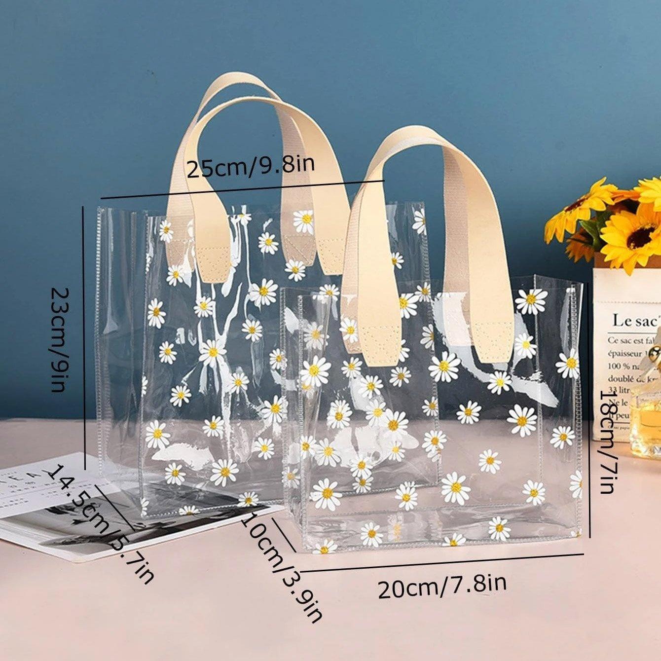 10pcs Small Fresh Transparent PVC Tote Bag Wedding Candy Gift Bag Daisy Design - Beige - L