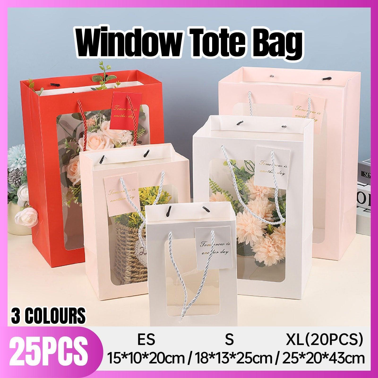 25x Thick Gift Bags with Transparent Window for Valentines Day Bouquets and Gift - Tote-Bag-25pcs-Pink-18-13-25cm