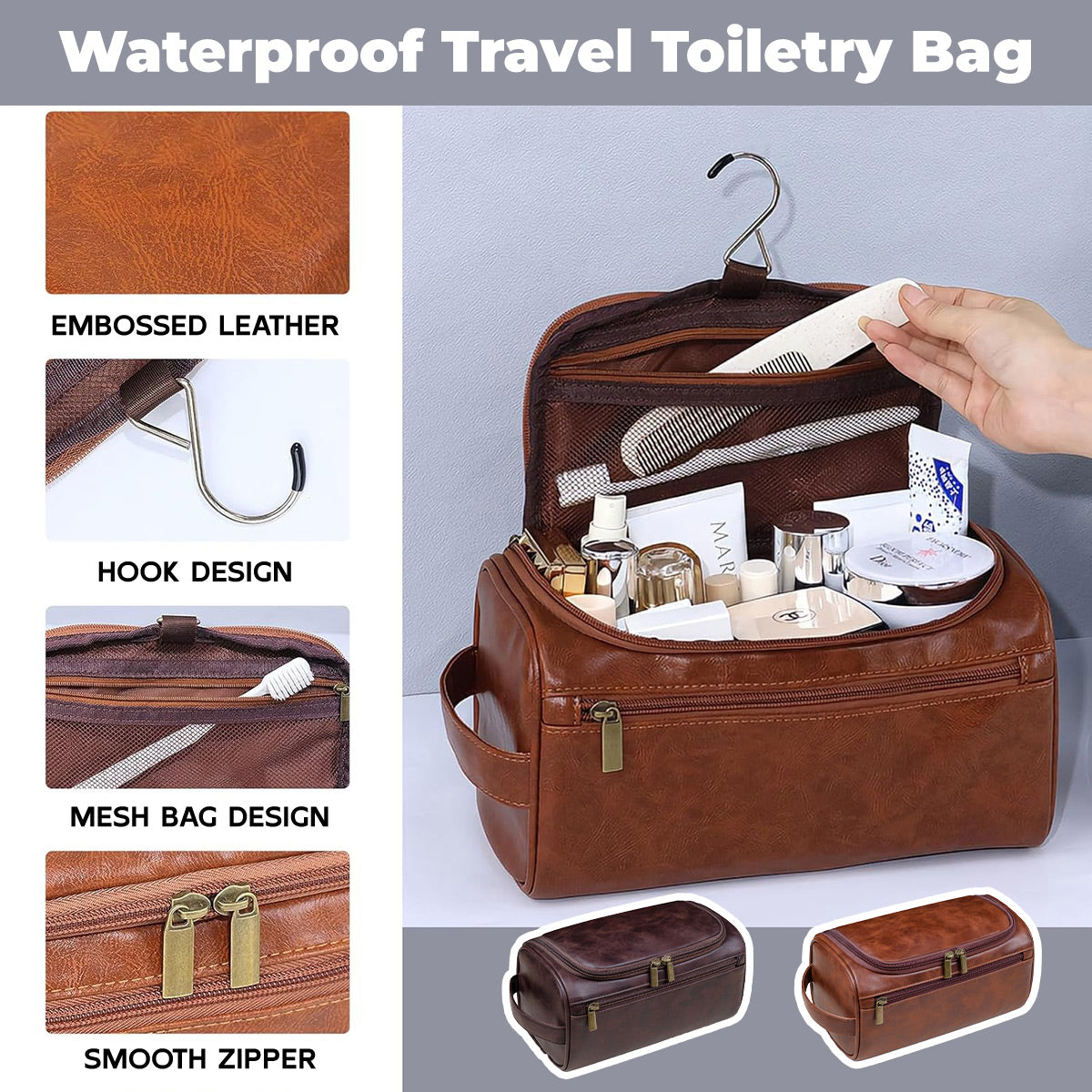 Large Capacity Waterproof Travel Toiletry Bag Cosmetic Organizer Multifunctional - Red Brown