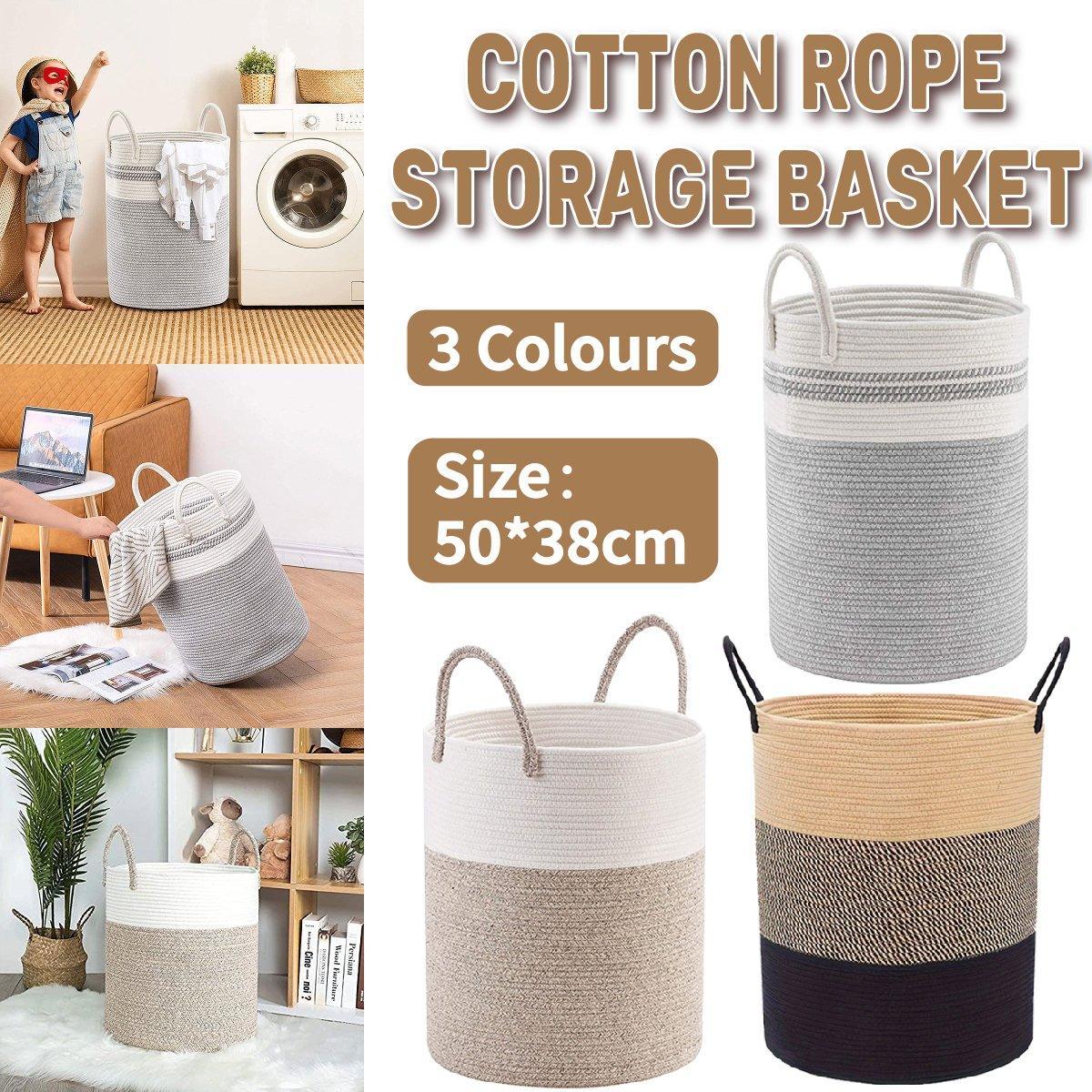 Woven Cotton Rope Storage Basket Foldable Laundry Bin Bamboo Clothes Organizer - White Brown