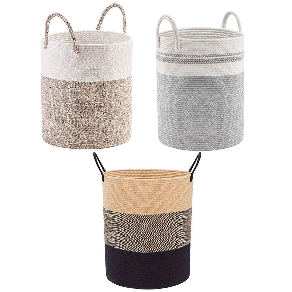 Woven Cotton Rope Storage Basket Foldable Laundry Bin Bamboo Clothes Organizer - White Brown
