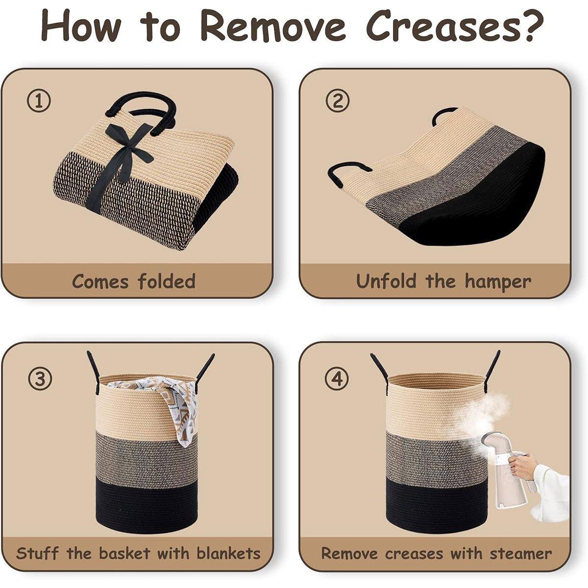 Woven Cotton Rope Storage Basket Foldable Laundry Bin Bamboo Clothes Organizer - White Brown