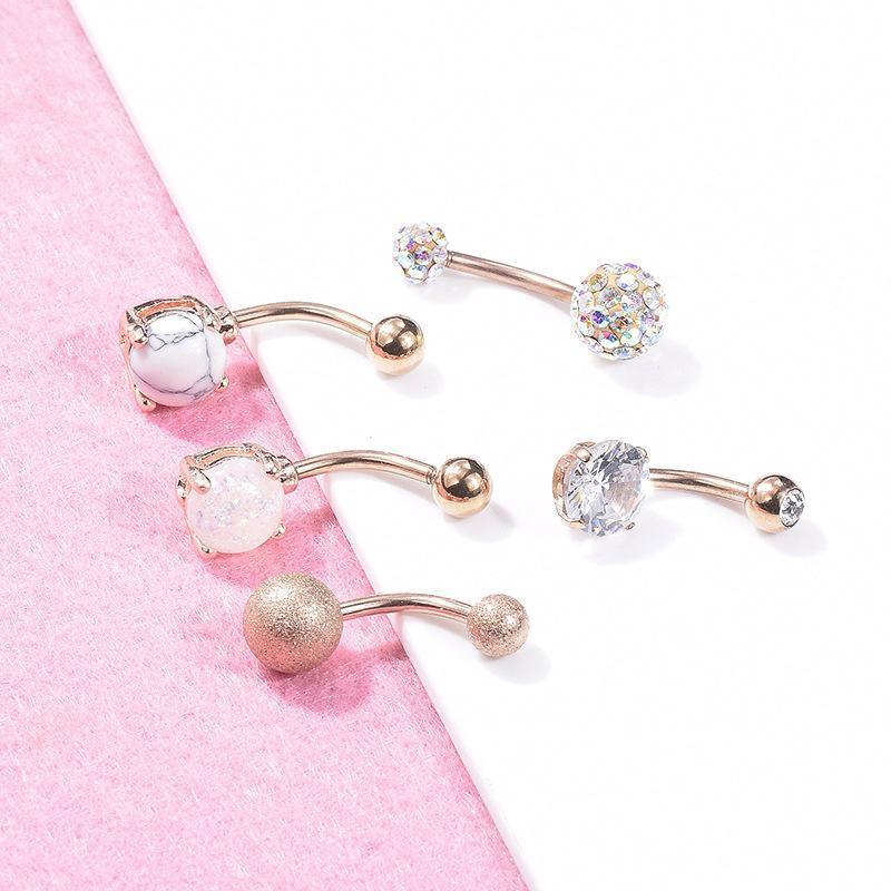 5Pcs Belly Bar Piercing Ring Crystal Zircon Surgical Steel Silver Jewellery - Rose Gold