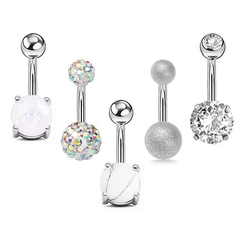 5Pcs Belly Bar Piercing Ring Crystal Zircon Surgical Steel Silver Jewellery - Silver