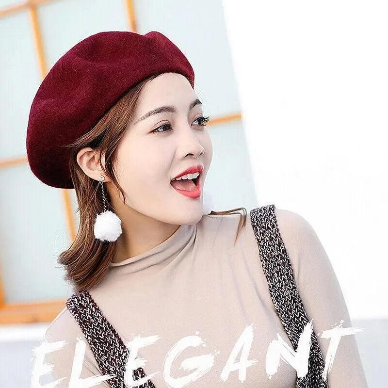 Women Ladies Beanie Wool French Beret Newsboy Hat Cap Winter Warm Hats Girls - Green