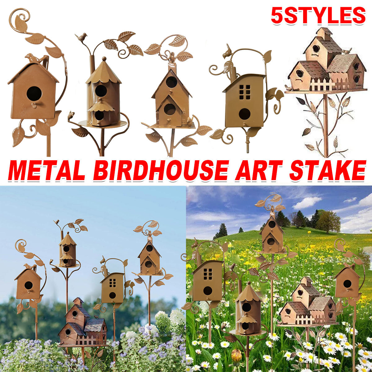 Birdhouse Garden Stakes Outdoor Yard Ornaments for Lawn and Garden Decoration - D