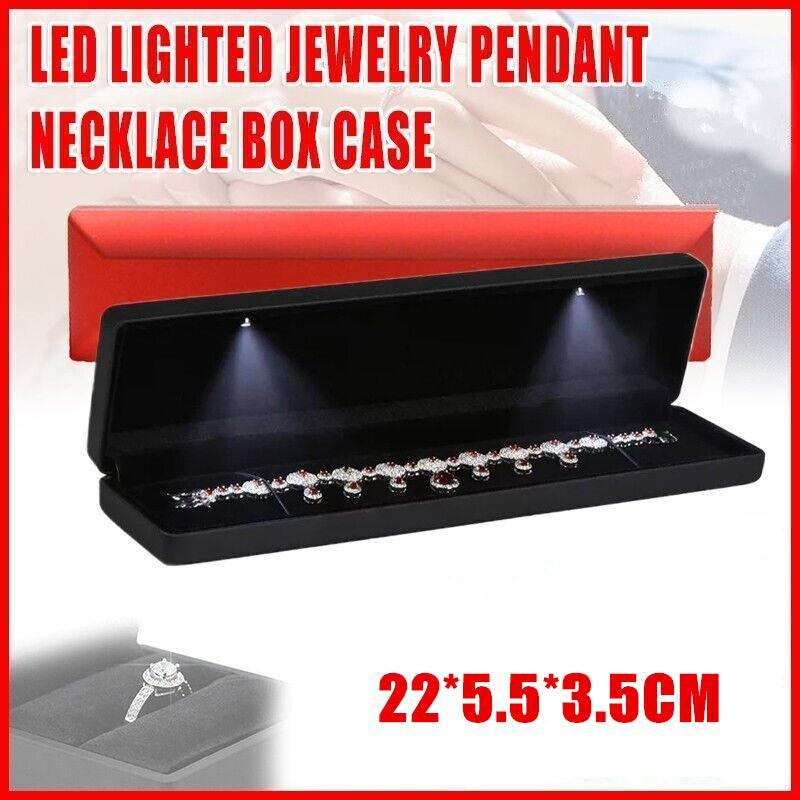 Led lighted Jewelry Necklace Box Case Jewellery Display Gift Ring Storage - Red