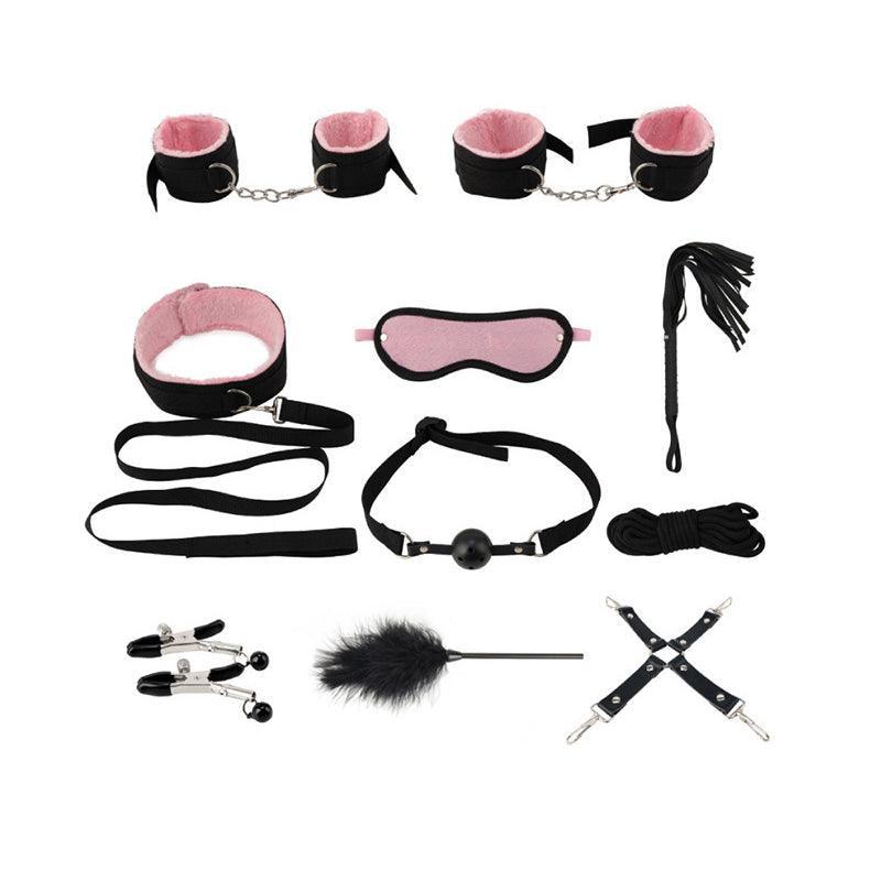 14Pcs Bondage Set Bdsm Restraint Ball Gag Fetish Handcuffs Couples Sex Whip Toy - Black