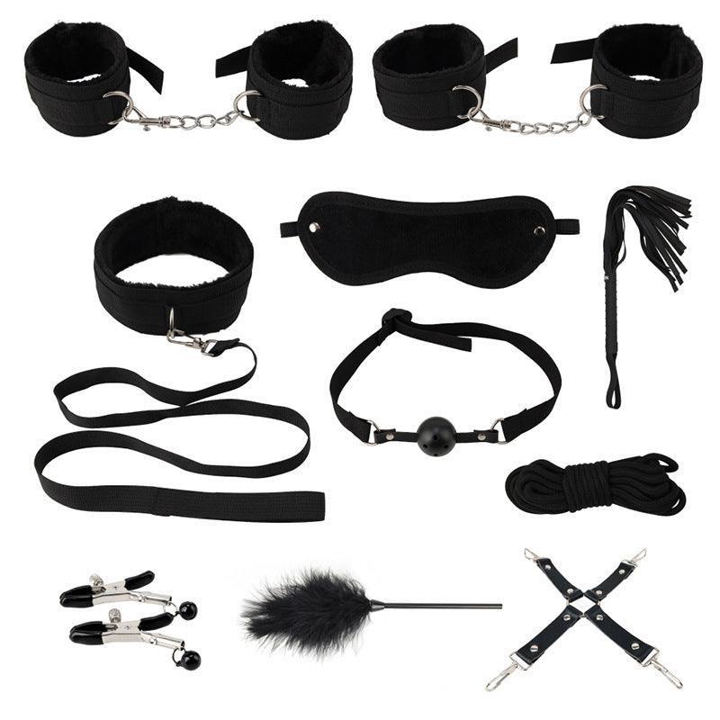 14Pcs Bondage Set Bdsm Restraint Ball Gag Fetish Handcuffs Couples Sex Whip Toy - Black