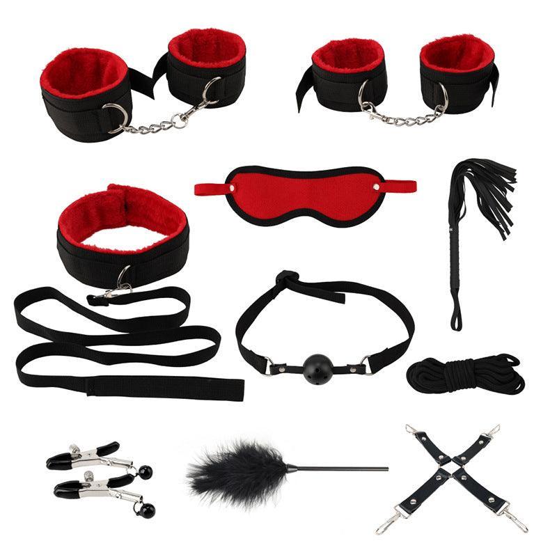 14Pcs Bondage Set Bdsm Restraint Ball Gag Fetish Handcuffs Couples Sex Whip Toy - Red