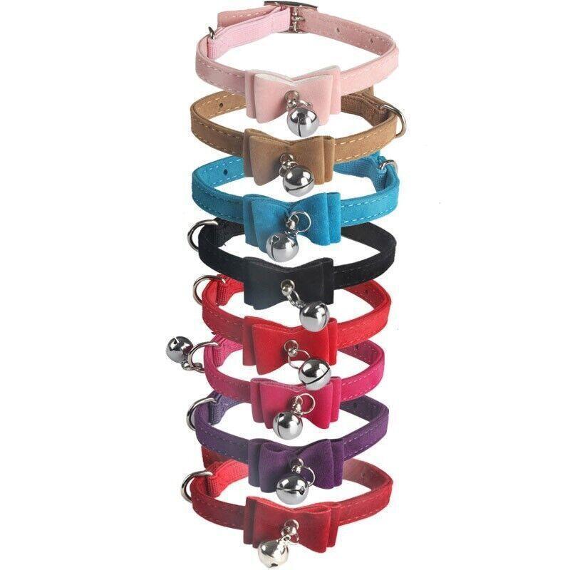 1× Adjustable Suede Cat Collar with Bow Bell Pink Blue Black Red - Black