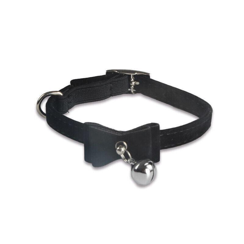 1× Adjustable Suede Cat Collar with Bow Bell Pink Blue Black Red - Black