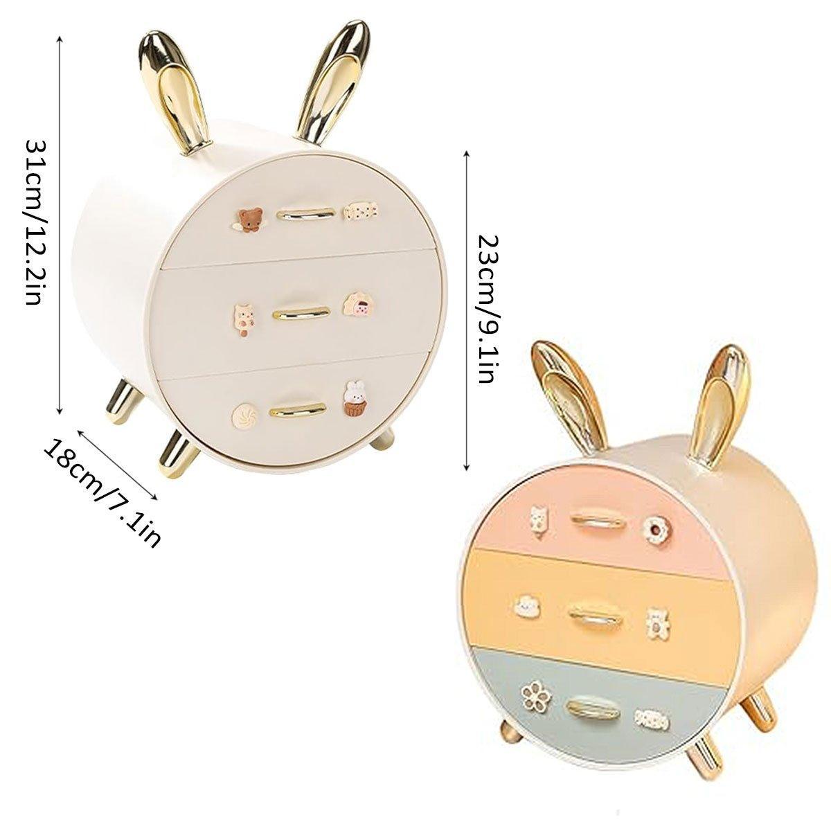 Large Multi-functional Makeup Storage Organizer Rabbit Decor Drawer Cosmetic Box - White