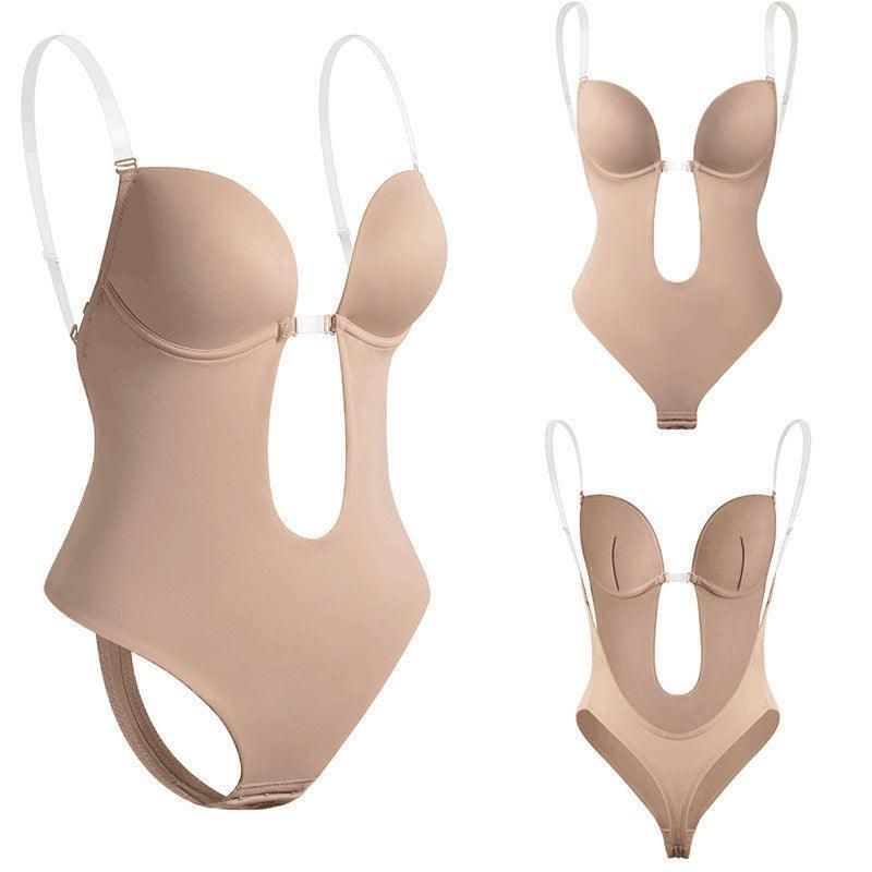 XL Women Deep U Plunge Seamless Push Up Bra Thong Body Shaper Backless Bodysuit - Skin