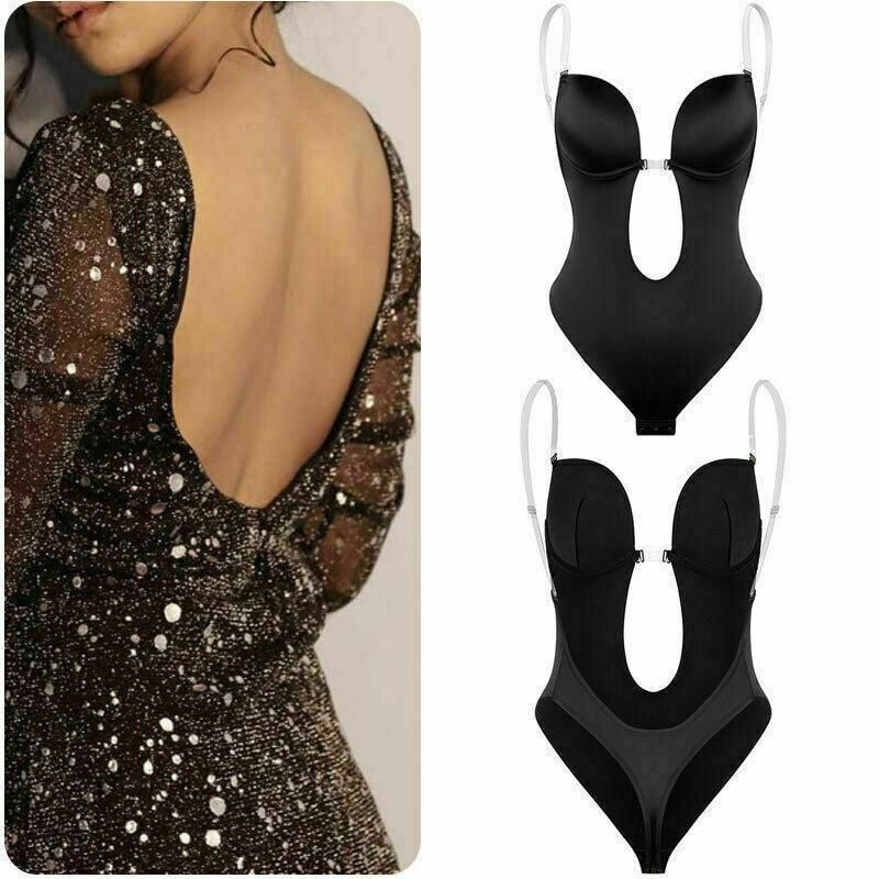 XL Women Deep U Plunge Seamless Push Up Bra Thong Body Shaper Backless Bodysuit - Skin