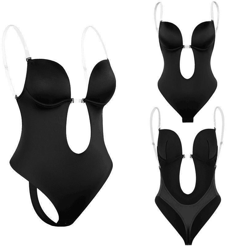 XL Women Deep U Plunge Seamless Push Up Bra Thong Body Shaper Backless Bodysuit - Black