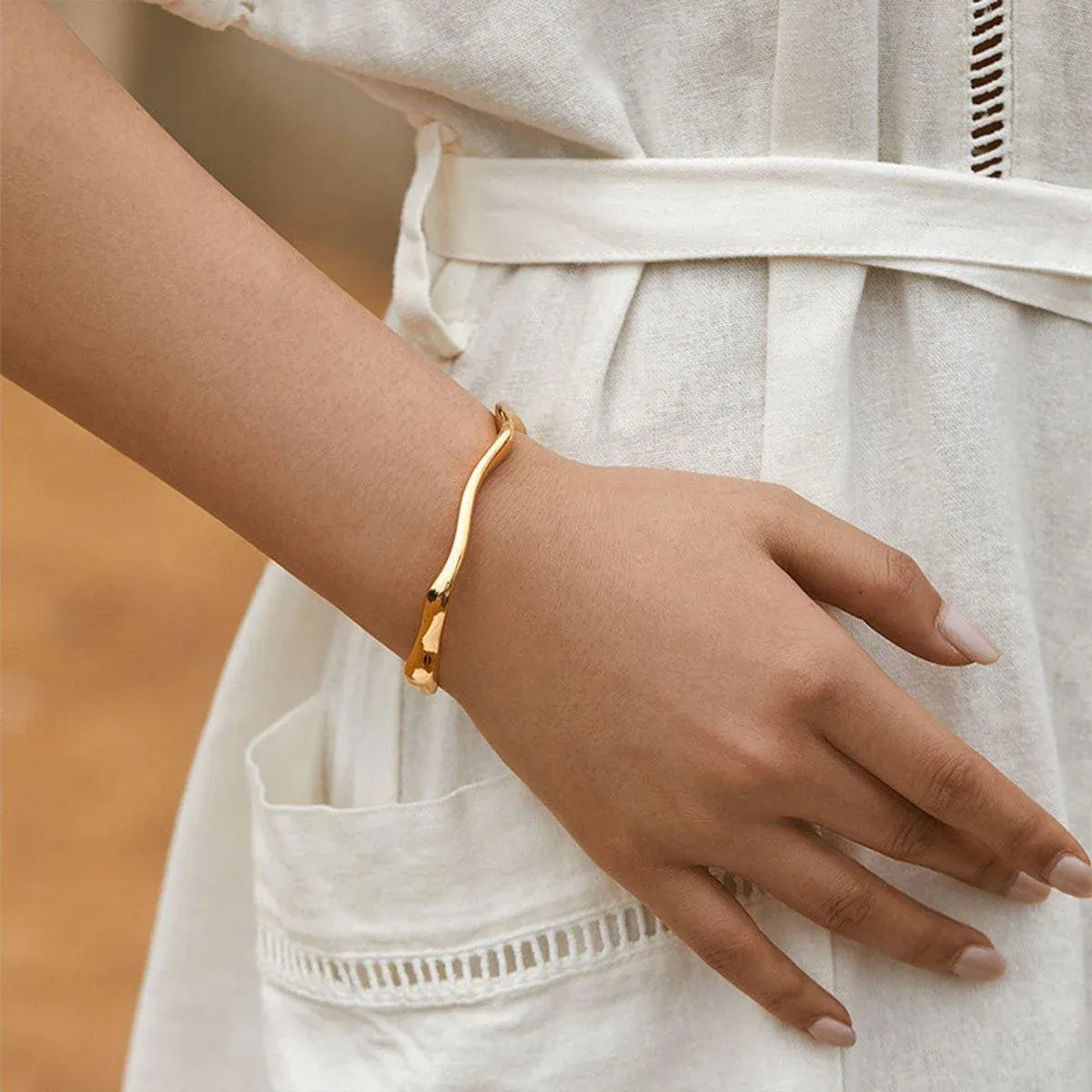1-Piece Gold-Tone Wavy Open Cuff Bracelet