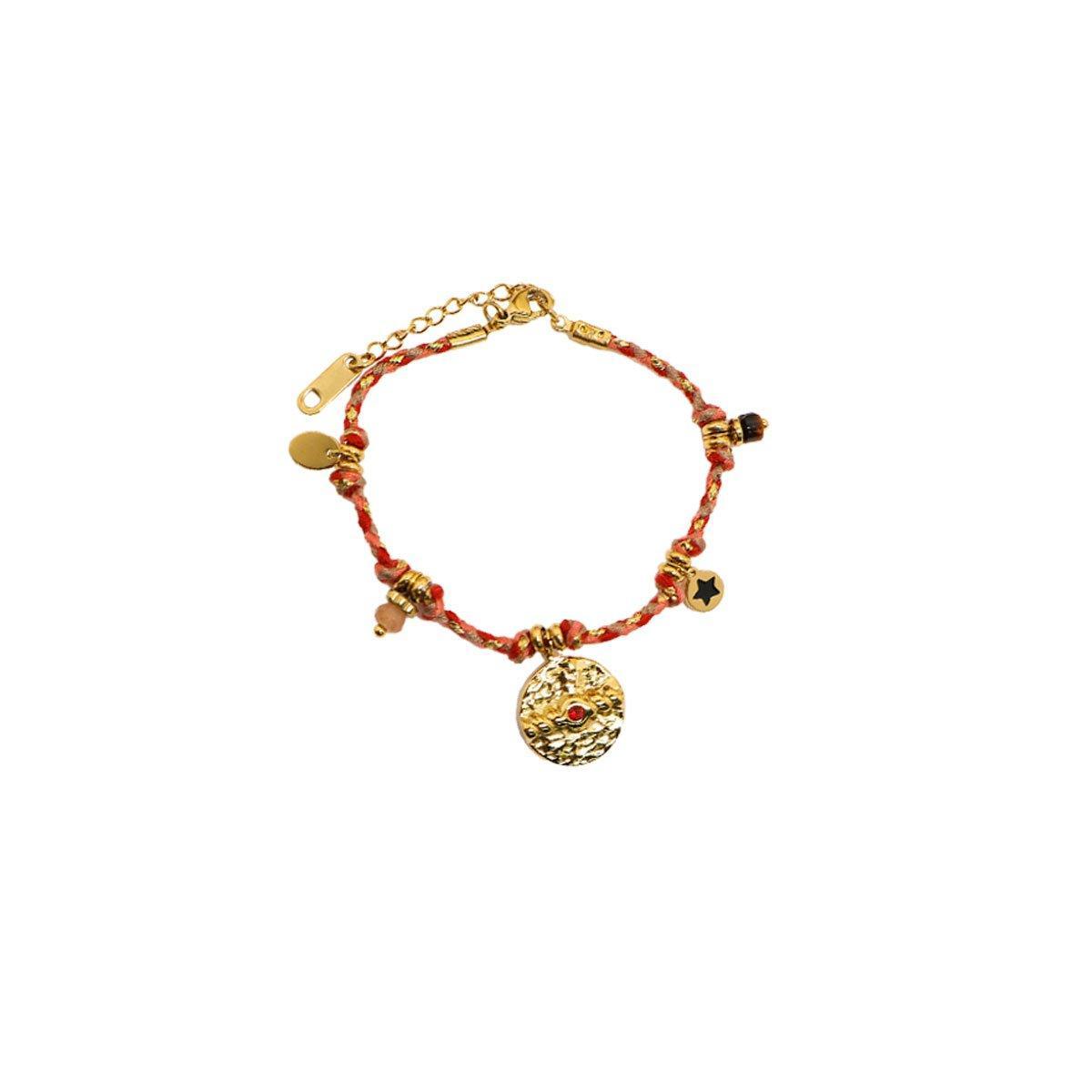 Boho Bracelet Set Women Natural Stone Woven Retro Style Adjustable Layered - Pink