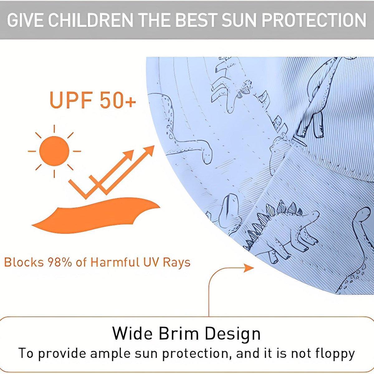 Cartoon Dinosaur Bucket Hat with Wide Brim for Summer Sun Protection - Khaki