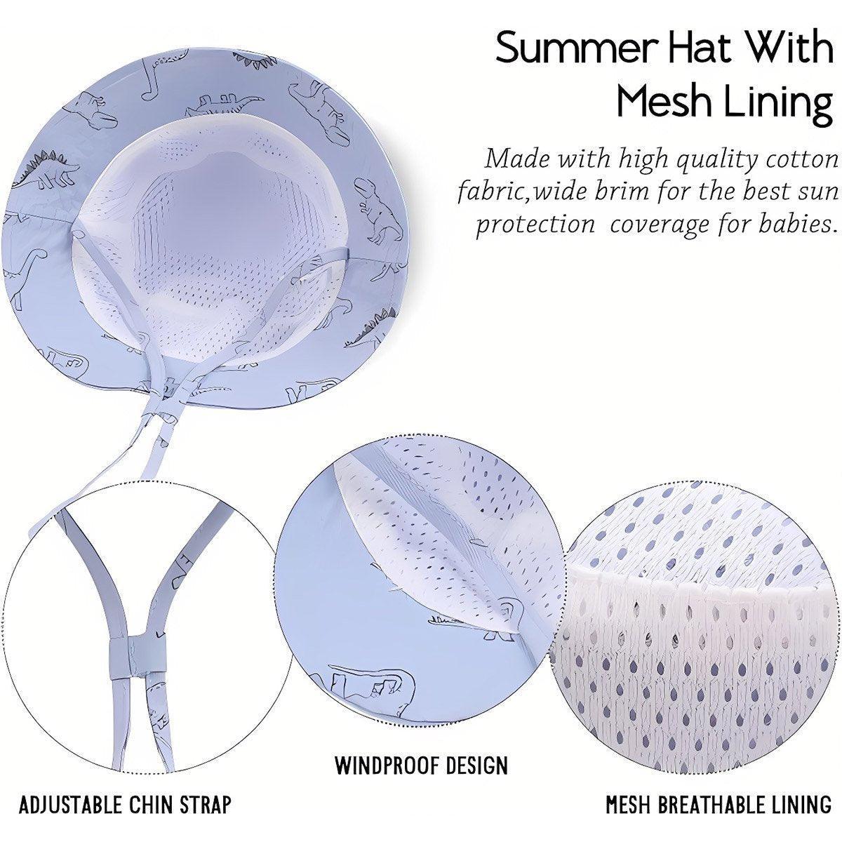 Cartoon Dinosaur Bucket Hat with Wide Brim for Summer Sun Protection - Khaki