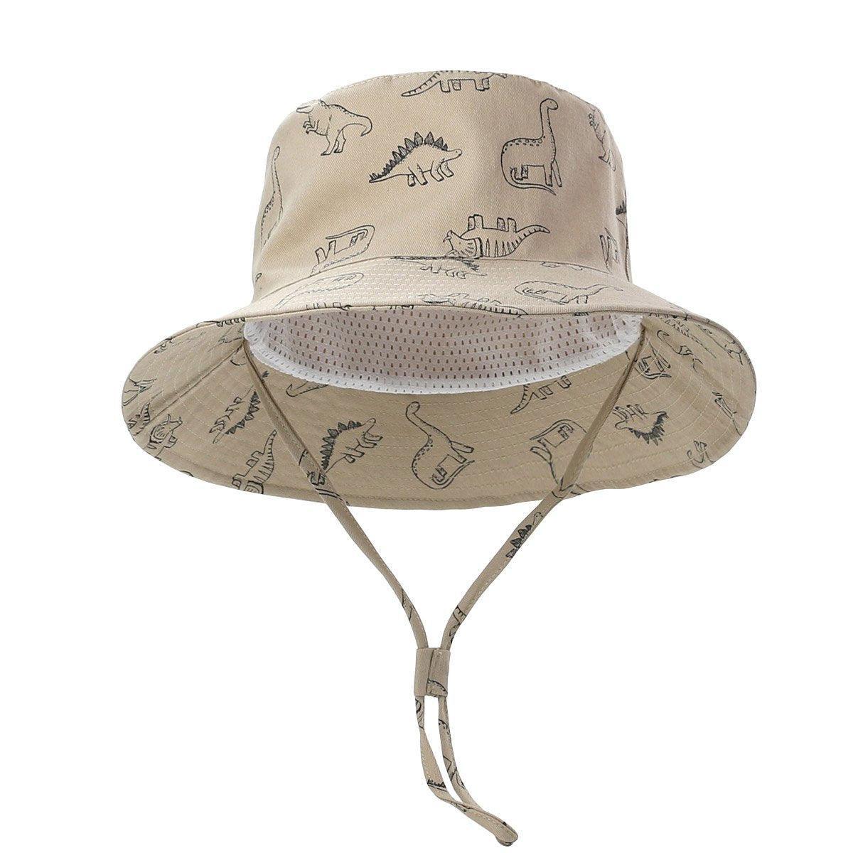 Cartoon Dinosaur Bucket Hat with Wide Brim for Summer Sun Protection - Khaki