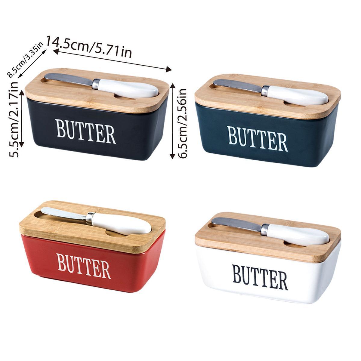 Butter Box with Knife Rectangular Cheese Container with Wooden Lid for Kitchen - Red